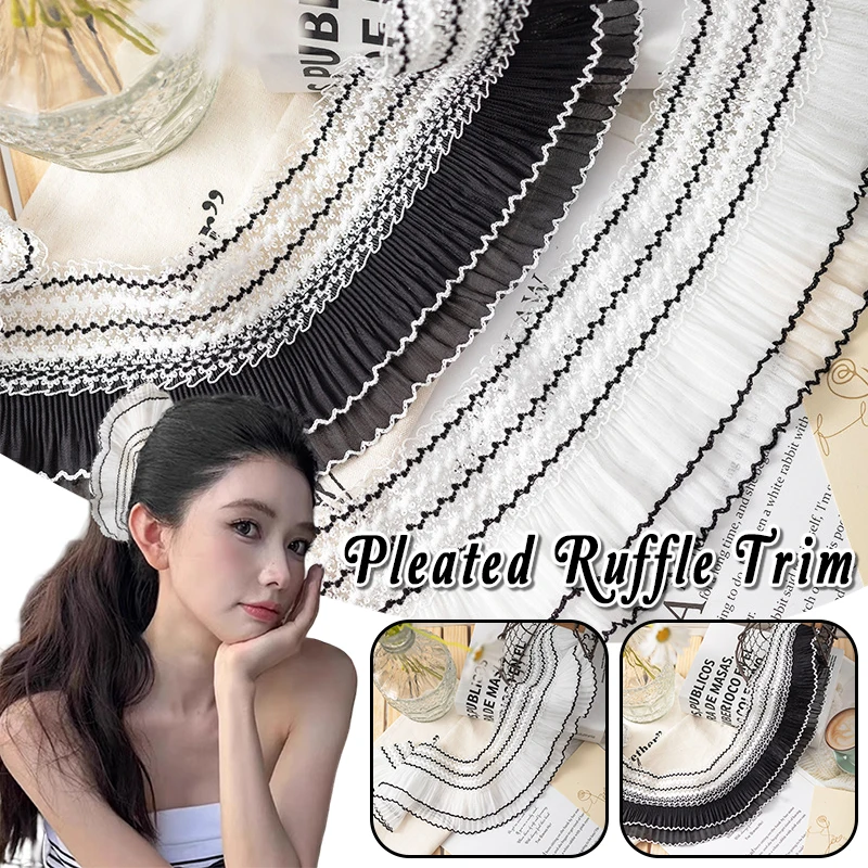

5yards Double Layers 3D Pleated Chiffon Lace Collar Cuffs Elastic Ruffle Trim DIY Dress Decorative Hairband Sewing Supplies