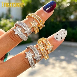 New Iced Out Star Ring Silver Color Bling 5A CZ Zircon Opened Adjust Bright Stars Charm Finger For Women Hiphop Luxury Jewelry