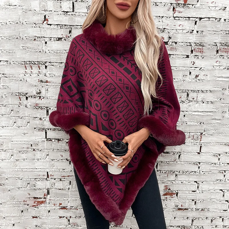 YJKDYK 2024 Winter Women\'s Fur Collar Splicing Pullover Knitted Cape Female Geometric Pattern Loose Casual Sweater Shawl Top