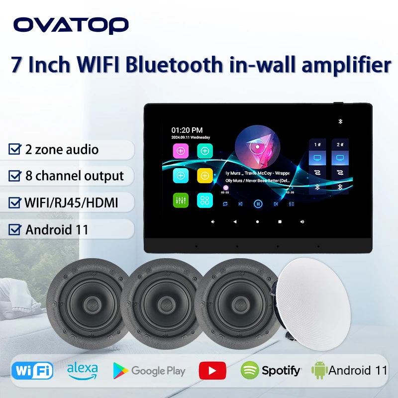 7inch Android11 System Smart Home Background Music System 8X30W Stereo Sound WIFI Touch Screen Bluetooth Audio In Wall Amplifier