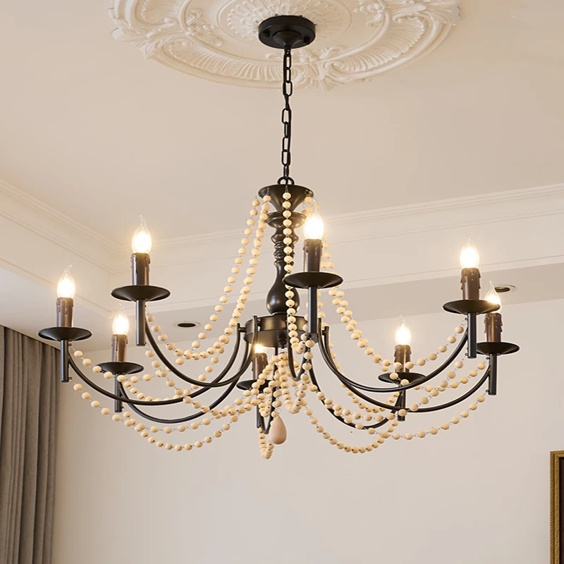 Retro American living room pendant light, hotel corridor black pendant light, French romantic wooden bead pendant, bedroom light
