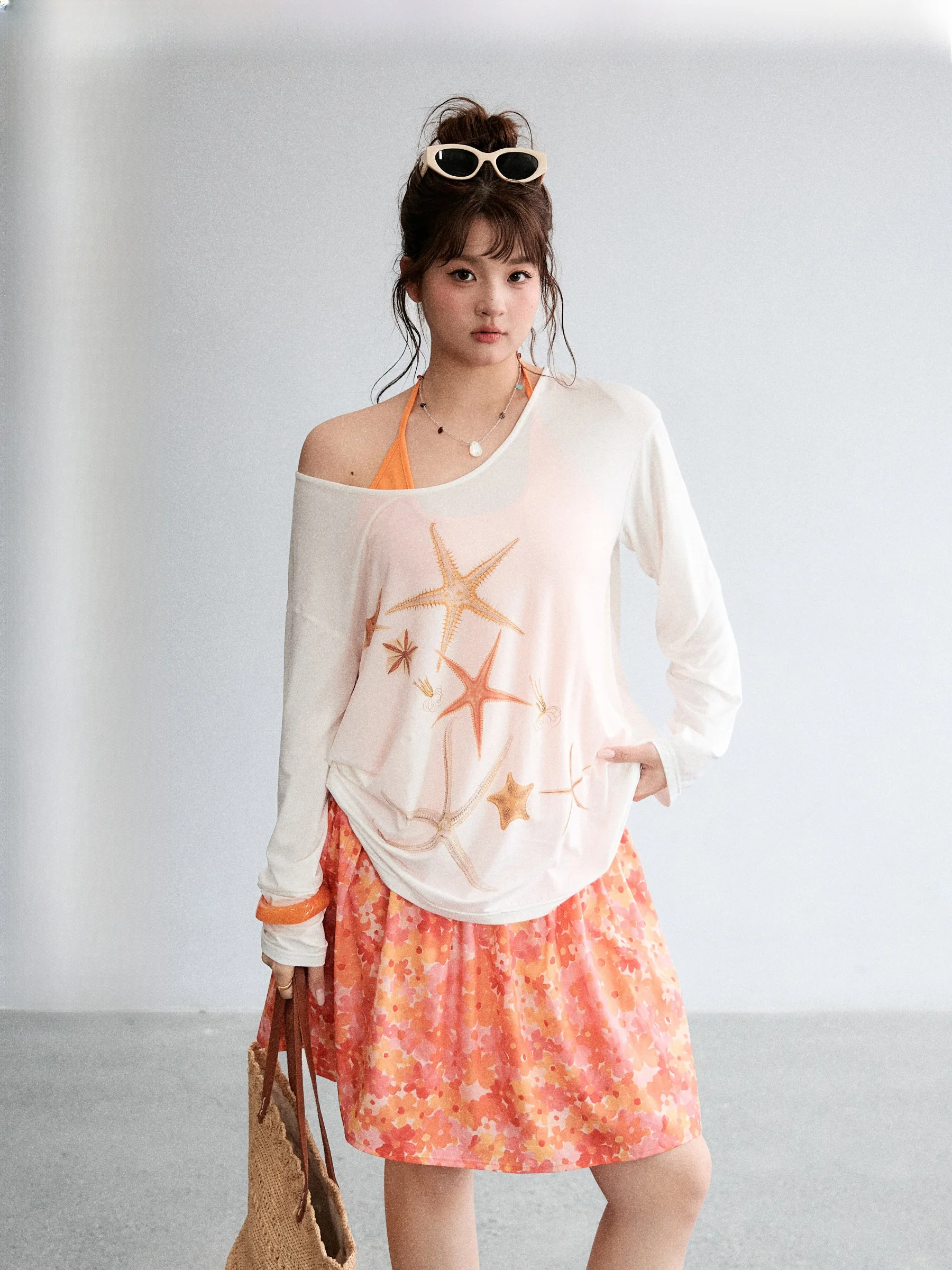

Orange Flavor plus Size Set with Sea Star Print T-Shirt And Floral Half Skirt by Jululook Studio Comfortable Casual Outfit