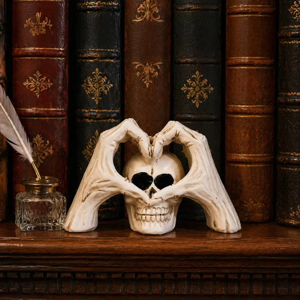 Halloween Figurine Resin Bone Texture Decor Skeleton Hands Heart Sculpture Skull Love Statue Halloween Finger Gesture for Home