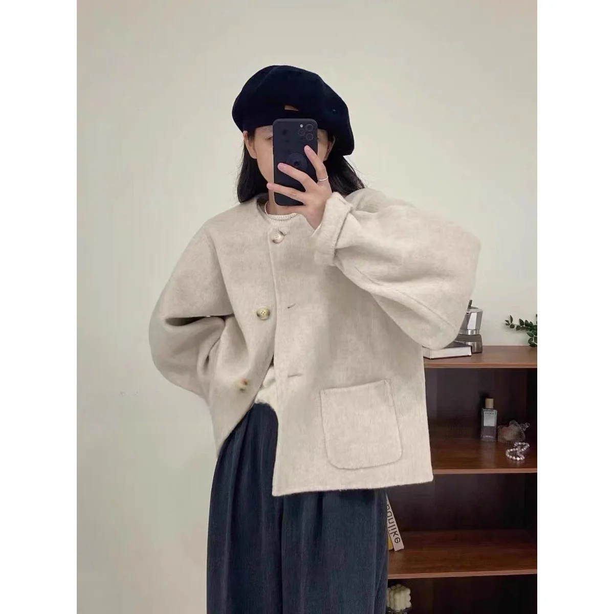 

Новинка 2023 года, двустороннее твидовое женское корейское пальто свободного кроя из австралийской шерсти Thiened ort, длинное пальто све