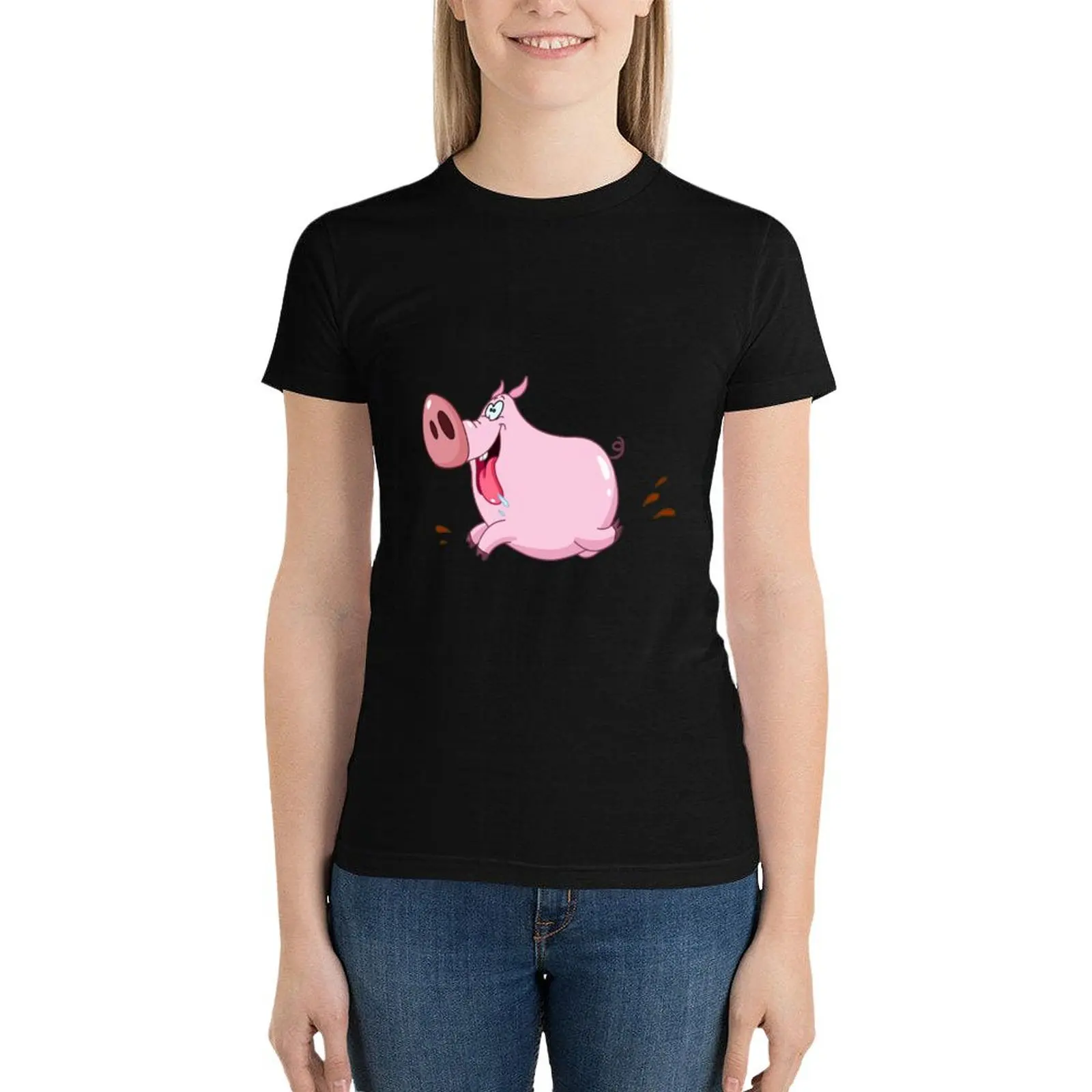 

Pig Running T-Shirt anime clothes tees lady clothes oversized workout shirts for Women