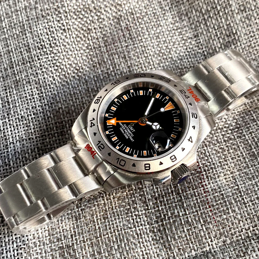 GMT Master NH34A Movt zegarek mechaniczny dla mężczyzn luksusowy zegar ze stali 316L pomarańczowy/zielony ręcznie 24-godzinny zegar ze stalową ramką