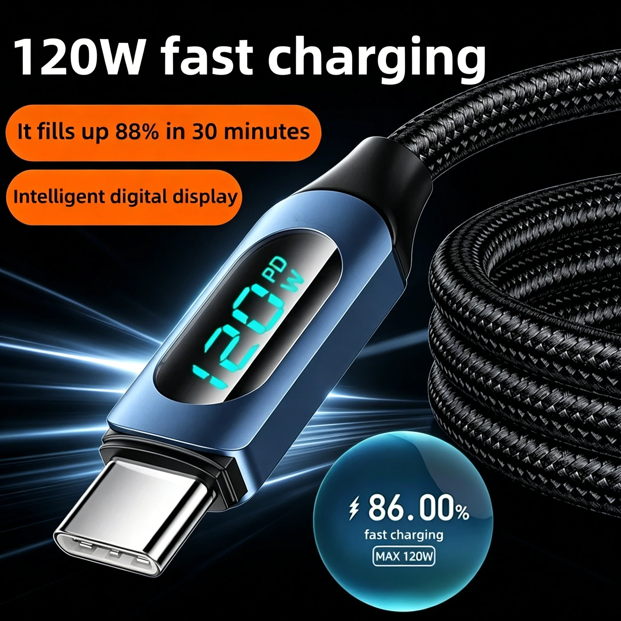 120W LED Digital Display USB-C Fast Charging Cable Nylon Braided High Speed Data Sync Charging Cord For iPhone 15 Samsung Laptop