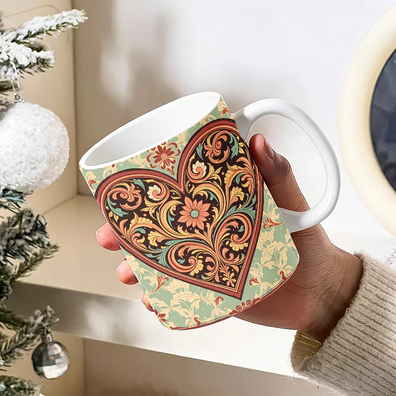 

11oz Vintage Scroll Floral Heart Ceramic Mug with Handle, Creative Coffee Mug, Insulated Milk Cup,Office Tea Cup, Fade-Resistant