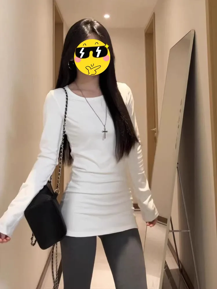 American Style Long Sleeve T-Shirt Women's Autumn Winter Inner Wear Mid-Length Base Shirt Butt Covering Outerwear Slim Fit Top