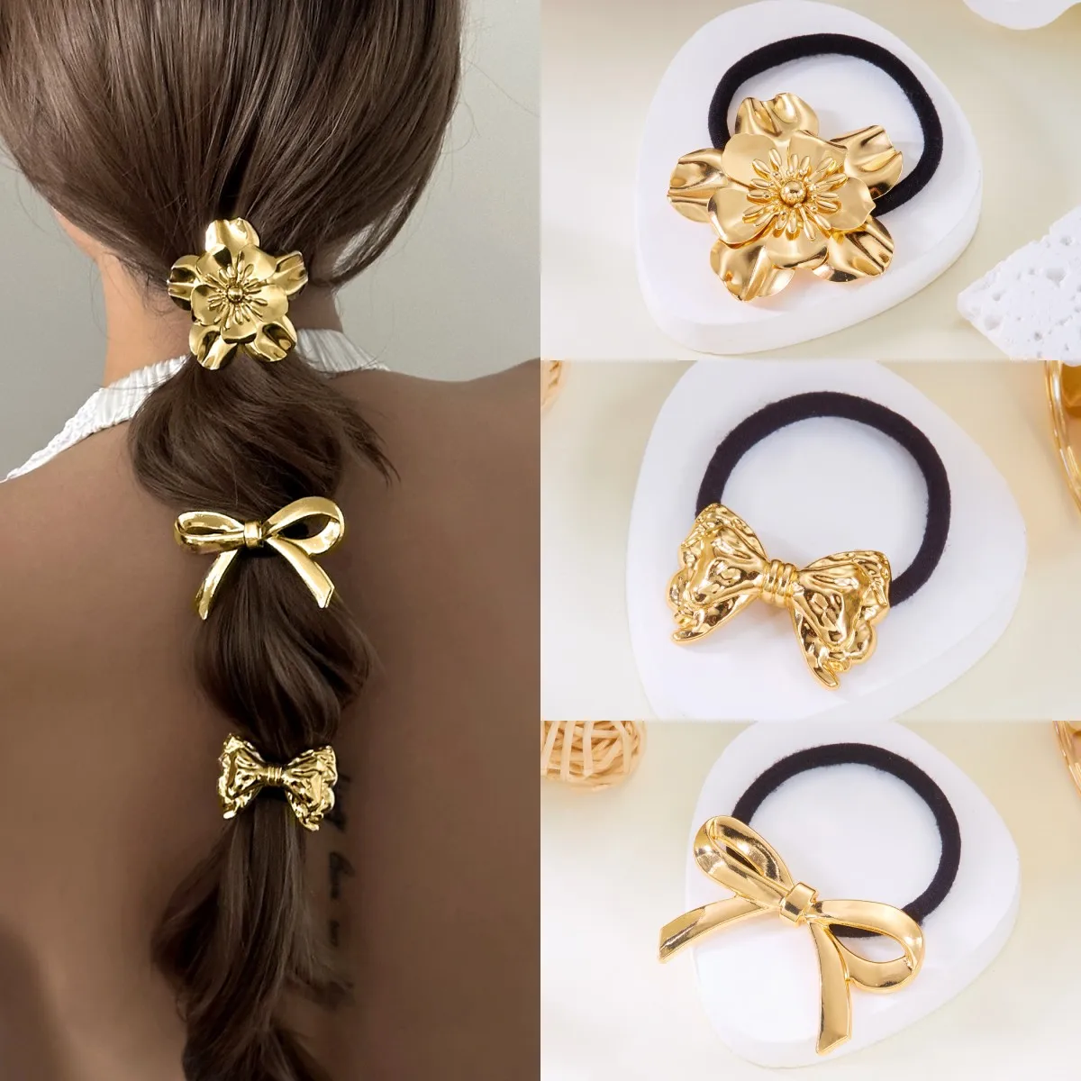 

Bohemia Gold Color Metal Big Flower Hair Clip for Women Geometric Elegant Bow Elastic Hair Band Ponytail Holder Jewelry Gifts