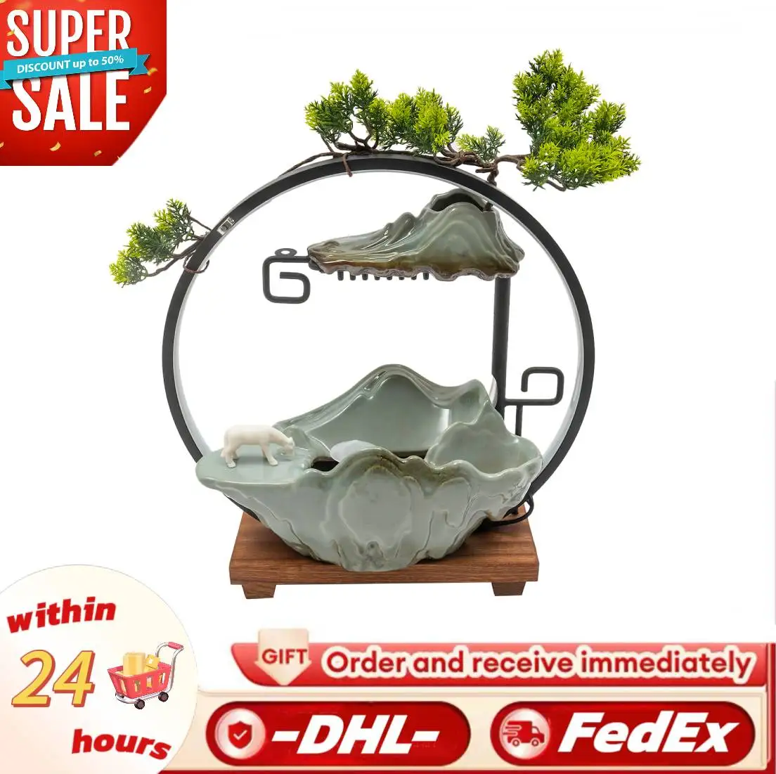 

Настольный фонтан-водопад для помещений с LED-подсветкой и туманом, с искусственными растениями, для медитации, декор Фэн-шуй для привлечения удачи и богатства