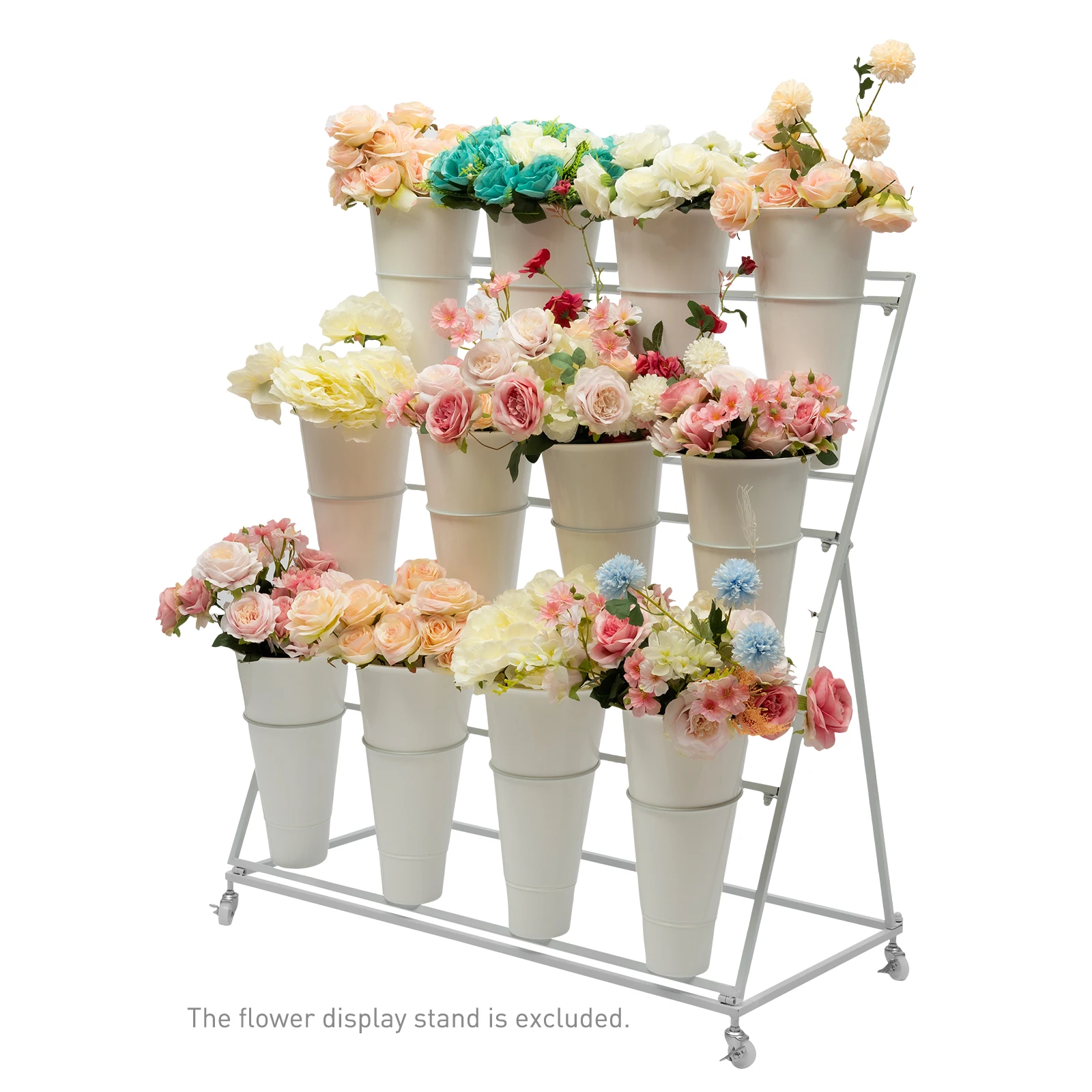 3 Layers Metal Plant Stand with Wheels,Modern Indoor Outdoor Plant Shelf Flower Display Stand Flower Rack with 12 Pcs Buckets