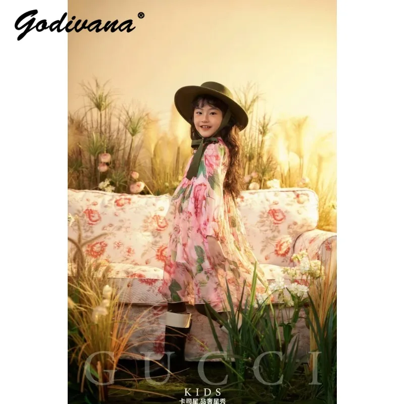 Little Girls High-end Fashion New Spring Long-sleeved Casual Dress Sweet Floral Print Bow Soft Lining Princess Dress for Kids
