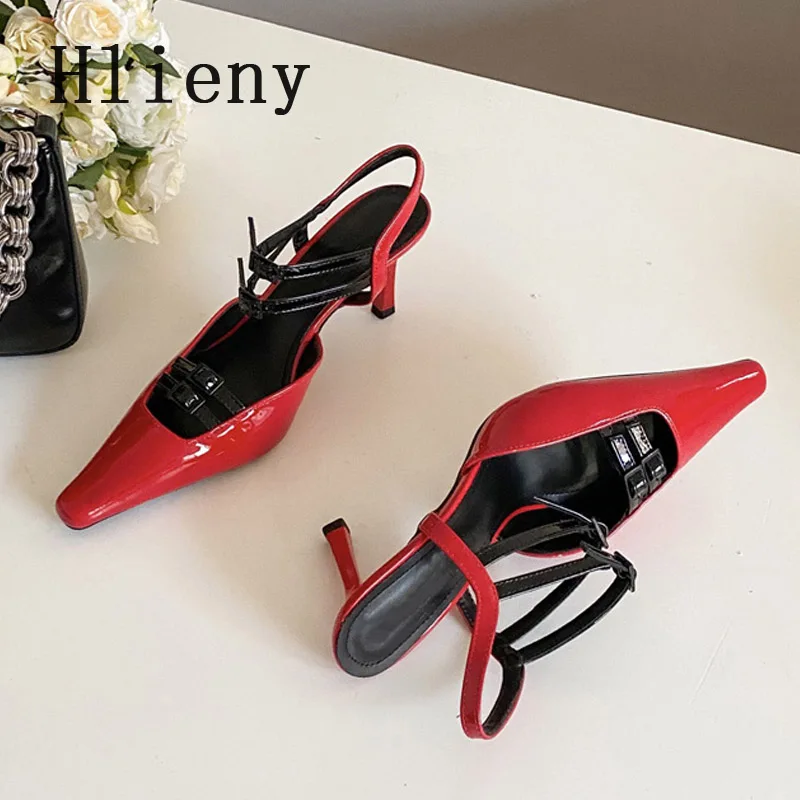 

Hlieny Fashion Design More Buckle Women Pumps Sandals Patent Leather Pointed Toe Red High Heels Party Prom Shoes Zapatos Mujer