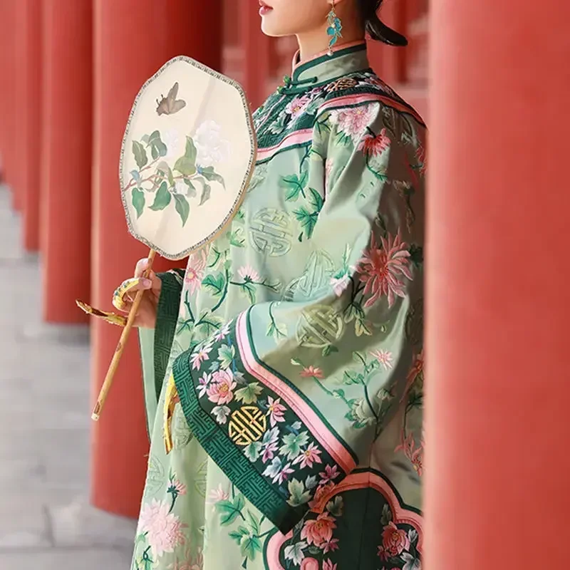 Cheongsam estilo chinês feminino, robe hanfu verde da dinastia Qing, estampa vintage, padrão floral, elegante vestido qipao, vestido do palácio