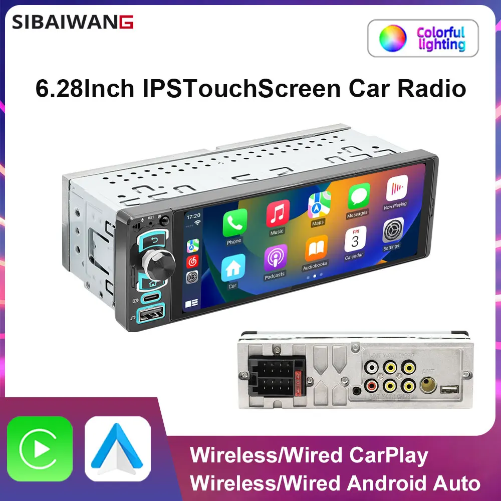 1Din 6.28'' Carpaly MP5 Video Player Wireless Carplay Android Auto Car Radio BT USB PPS Type-C 33W PD3.1 Fast Charging FM Radio