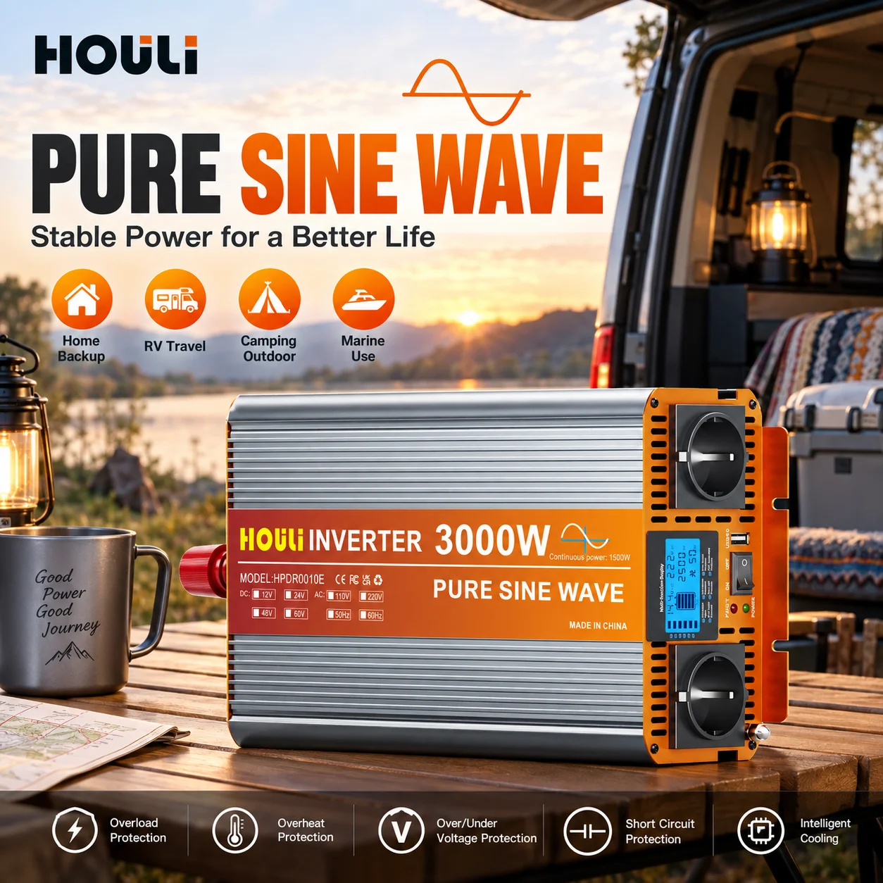 HOULI Inverter 12V 24V 220V Onda Sinusoidale Pura con Display LCD Telecomando per Auto Camion Camper Caravan