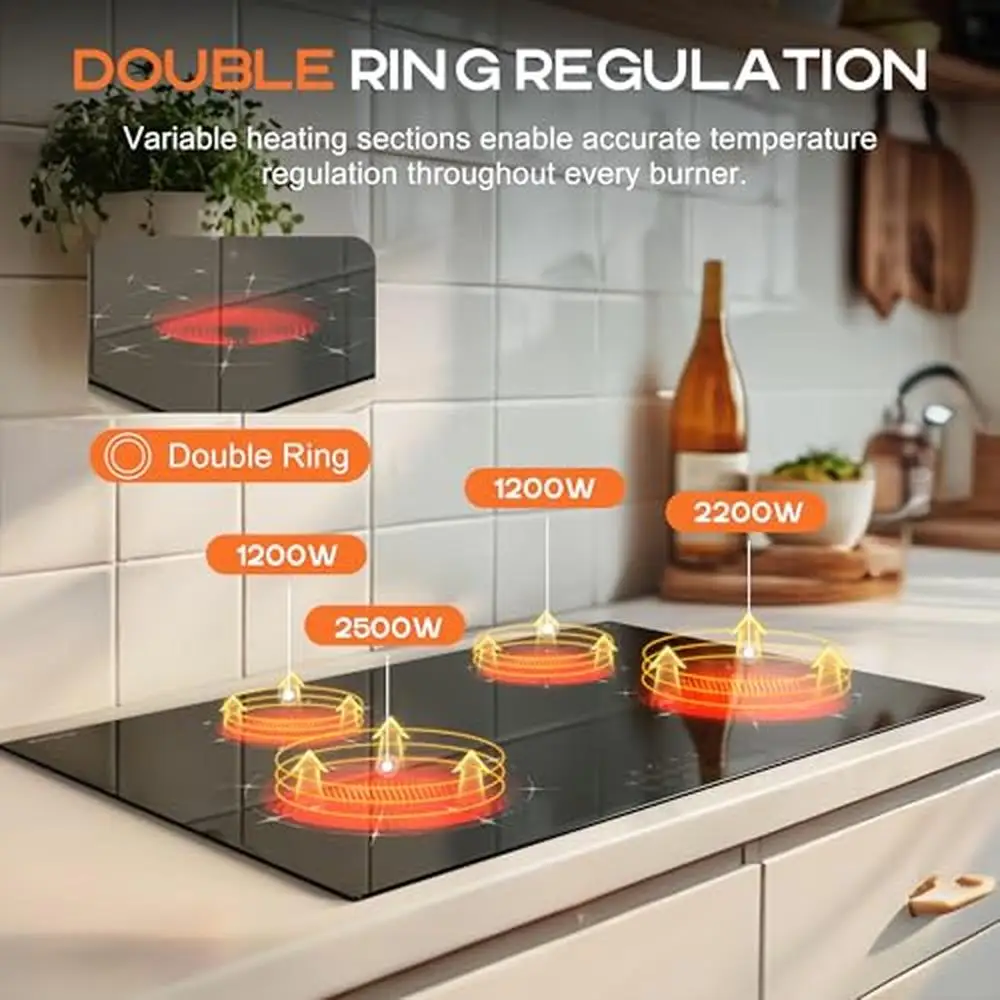 電気セラミックコンロ、4バーナーセンサー、タッチコントロール、多機能安全ロック、タイマー、黒いガラス表面、7100W電源、30インチ