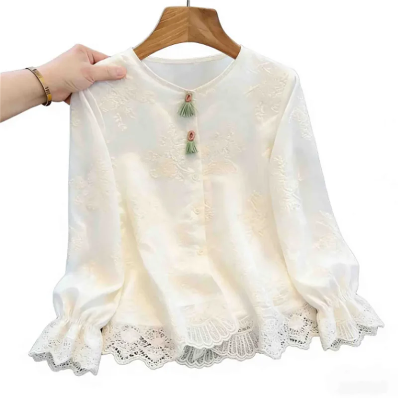 Chinese White Lace Blouse Ladies Shirt Jacquard Embroidered Shirt Long Sleeve Shirt Tops Boutique Women's Clothing Blous