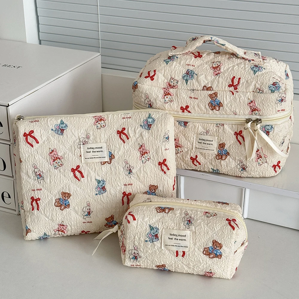 

Kawaii Cartoon Animals Women Quilted Bag Large Capacity Cosmetic Toiletry Organizer Pouch 3 Type Ladies Zipper Makeup Bag