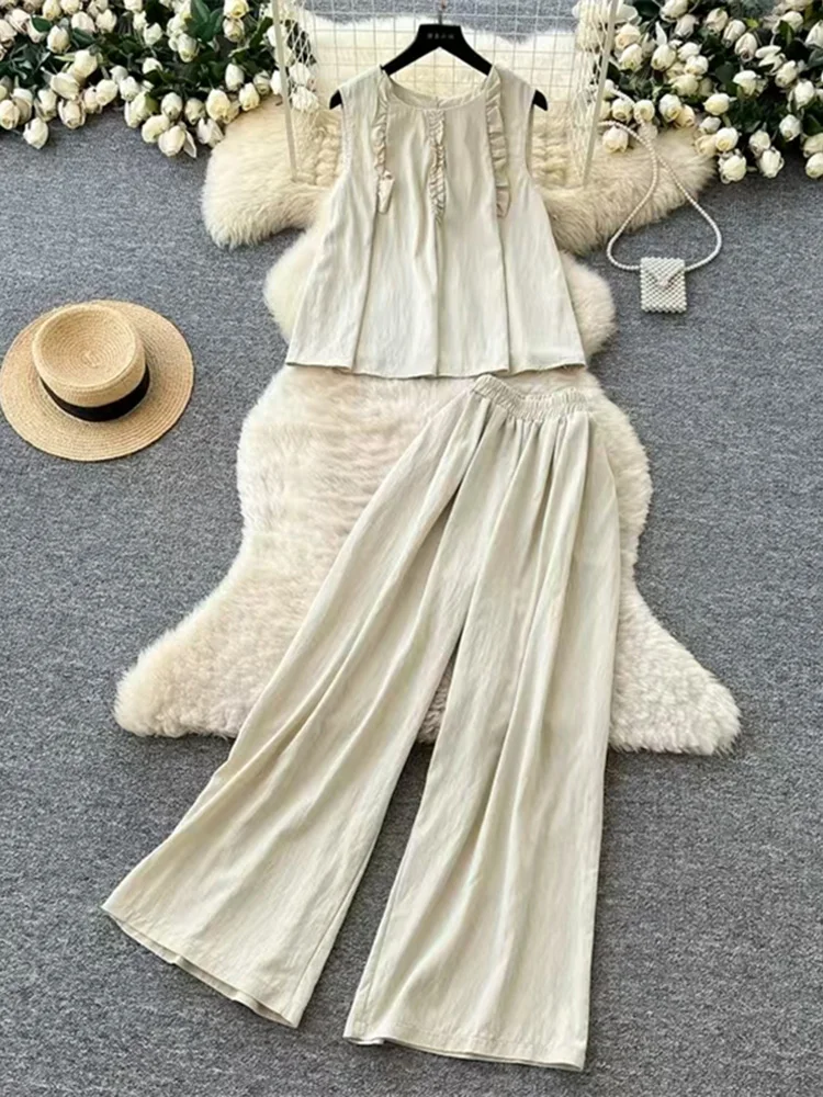 

Summer Beach Vacation Casual Set for Women New Simple Cotton Blue Vest Wide Leg Pants Casual Fashionable Two-piece Set S567