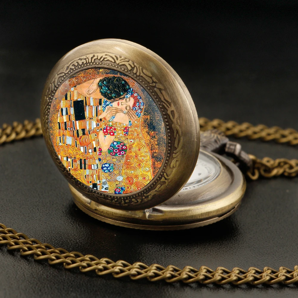 Retro Kiss Gustav Klimt Design Theme Pattern Bronze Pocket Watch Women Men Pendant Necklace Jewelry Watches Gift