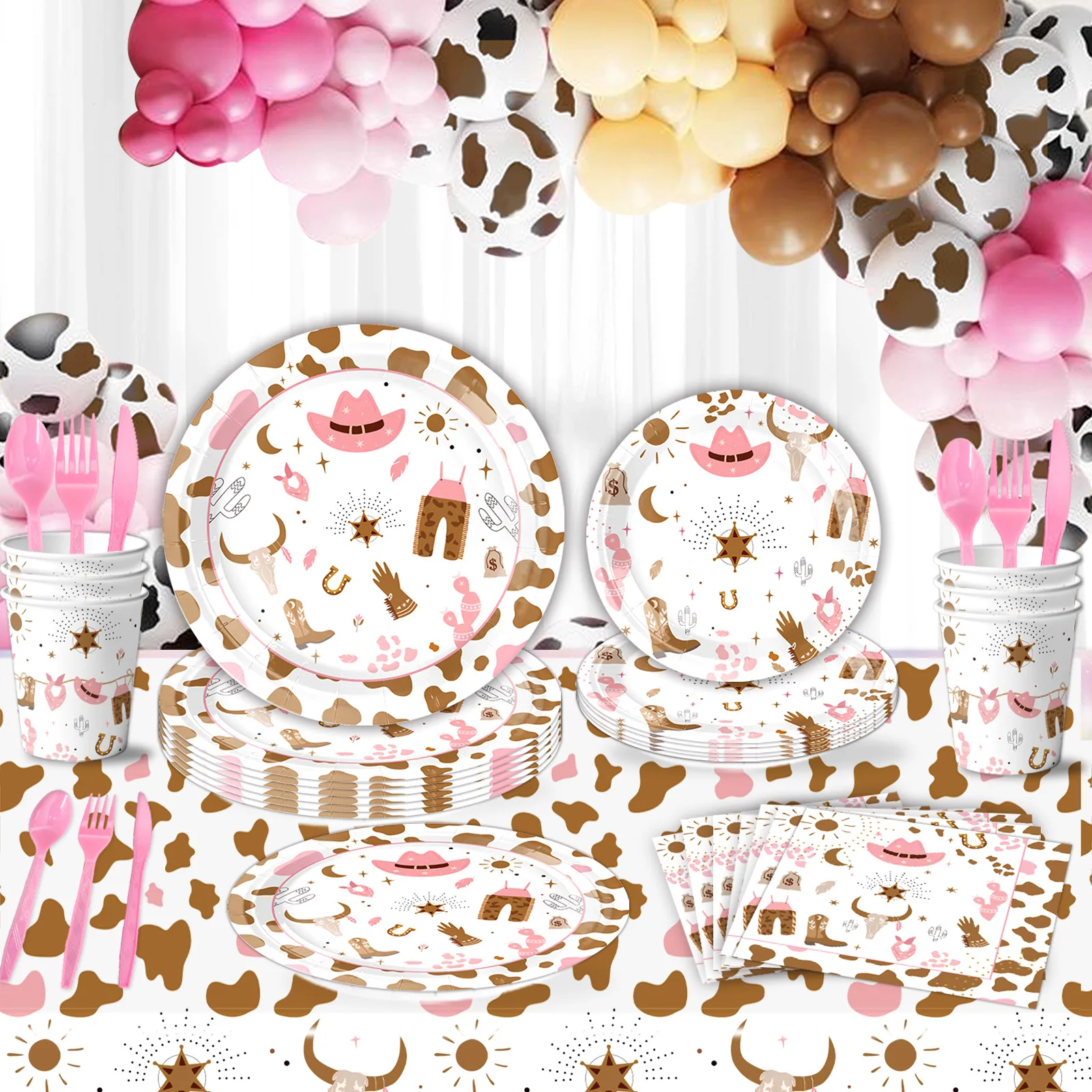 Birthday Party Tableware, Disposable Paper Plates, Paper Towels, Tablecloth, Atmosphere Arrangement, Pink Cowgirl