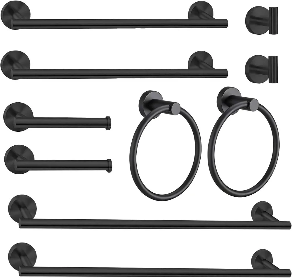 

10Pcs Bath Towel Bar Set with 23.6 & 16 Inch Bars, Hooks, Rings & Toilet Paper Holder in Black
