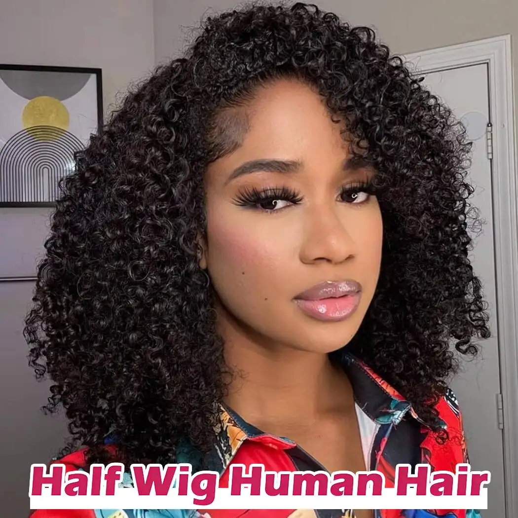 Remy Human Hair Wigs Kinky Curly Headband Wig Upgrade 3 IN 1 Half Wig With Drawstring Seamless Clip IN Hair Machine Wigs 250 Density