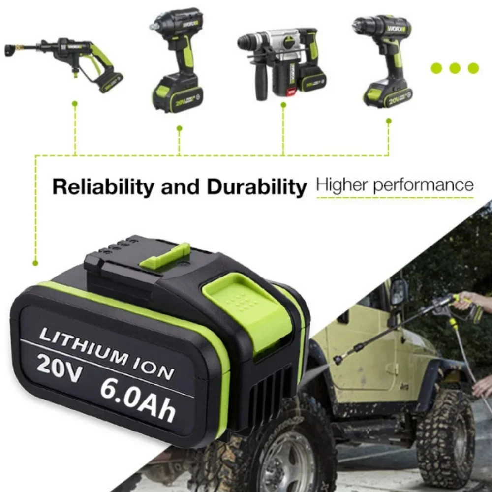 20V バッテリー 6000mah リチウムイオン Worx WX390/WX176/WX166.4/WX372.1 WX800/WX678/WX550/WX532/WG894E WG629E/WG329E 用