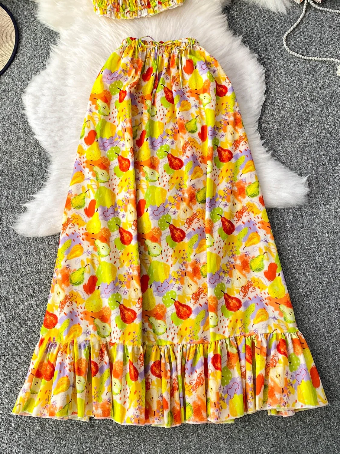 Vaion Sle Dopane Sweet Small Print One oulder ort Folded Hem High Waist Pleated Long Skirt Set ผู้หญิงแฟชั่น