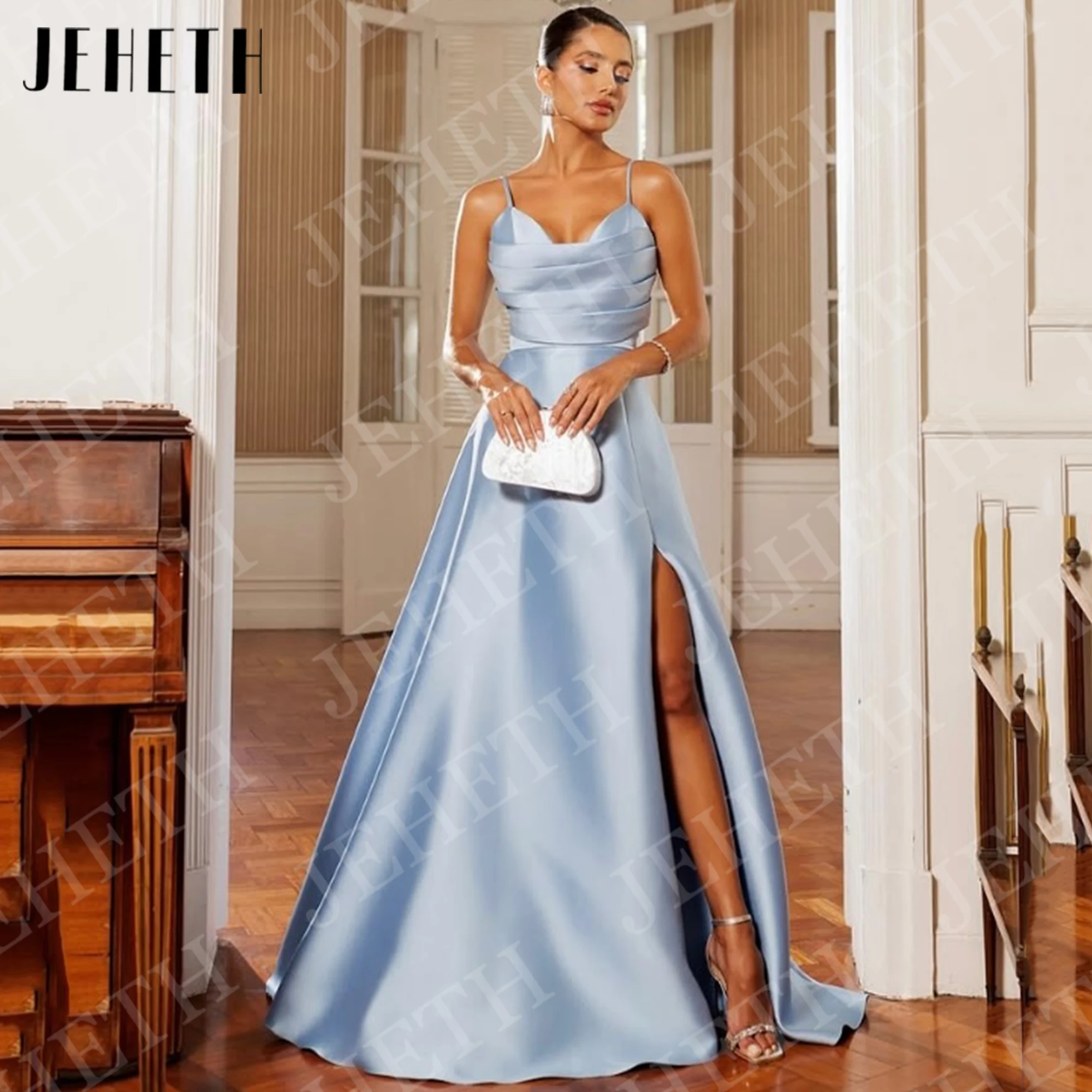 JEHETH Evening Dresses Spaghetti Strap Prom Gowns Elegant Sky Blue Satin A Line Party Dress High Slit Floor Length Customized