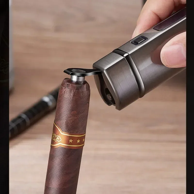 Metal Torch Lighter Visible Gas Blue Light Window Strong 3 Turbo Windproof Butane Gas With Cigar Drill Cigar Electric Lighters