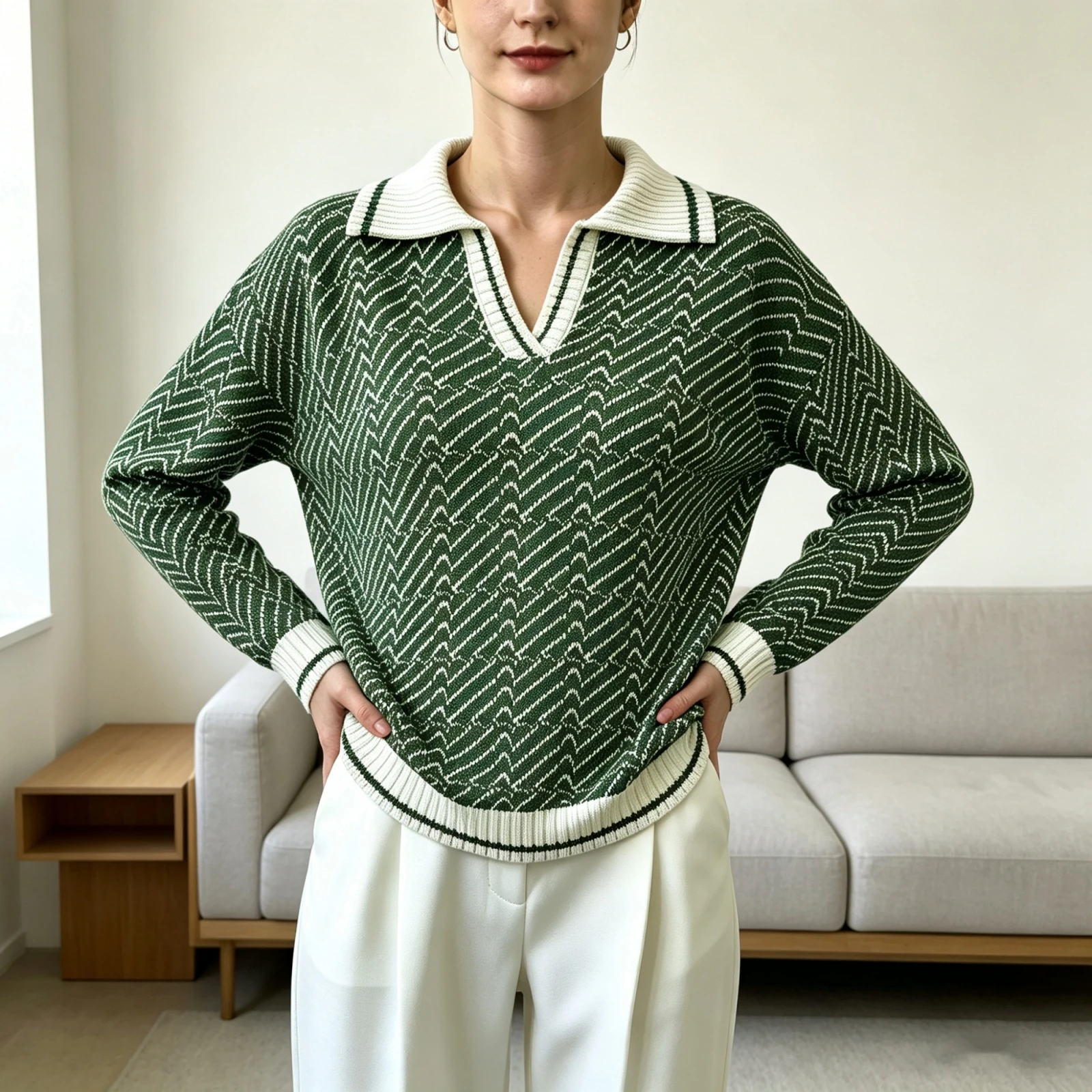 Women's Sweater Long Sleeve Lapel V Neck Contrast Color Pullover Knit Tops