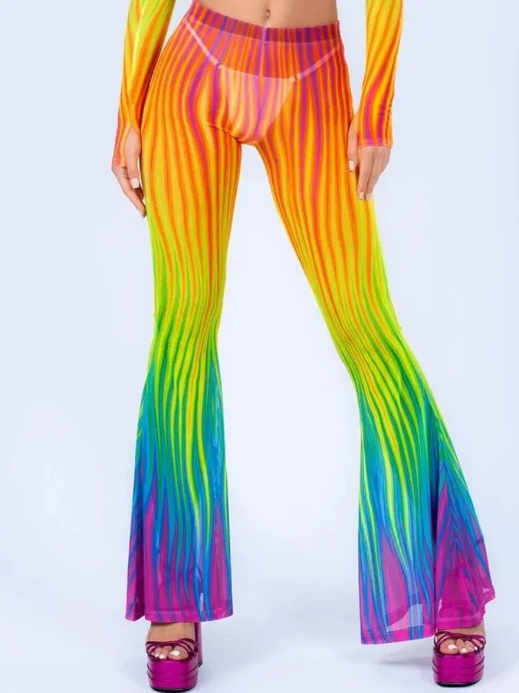 Psychedelische Regenbogen-Leopardenmuster-Schlaghose für Damen, Rave-Festival-Cosplay-Hose, Halloween-Nachtclub-Party-Performance-Outfit – Detail 8