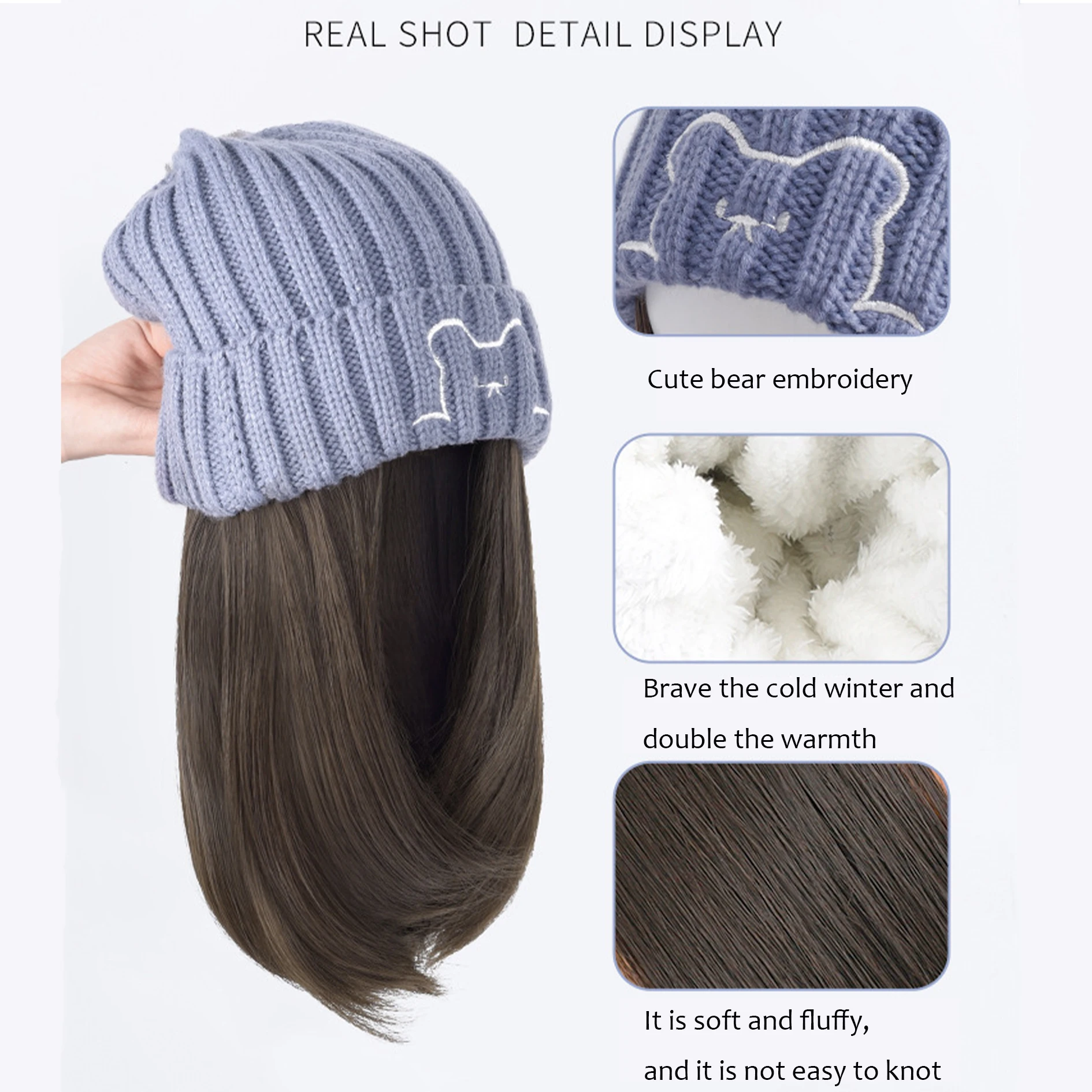 Synthetic 18inch hat wig all-in-one fashion autumn and winter bear knit hat clavicle hair versatile internet celebrity wig cap