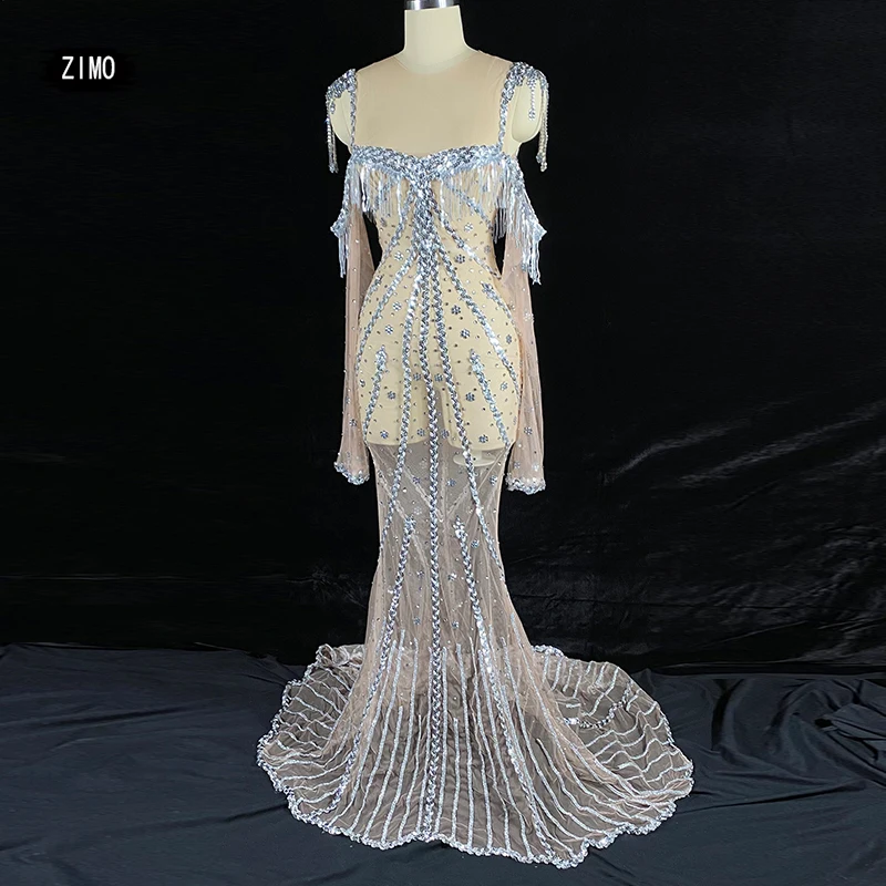 sexy see through dress mesh rhinestones sequin dress fringe Elegant mermaid off shoulder party birthday stage drag queen costume