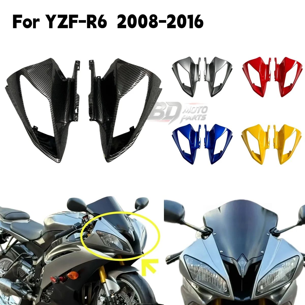 For YAMAHA YZF-R6 YZF R6 2008 2009 2010 2011 2012 2013 2014 2015 2016 Motorcycle Upper Front Fairing Headlight Cowl Nose Panel