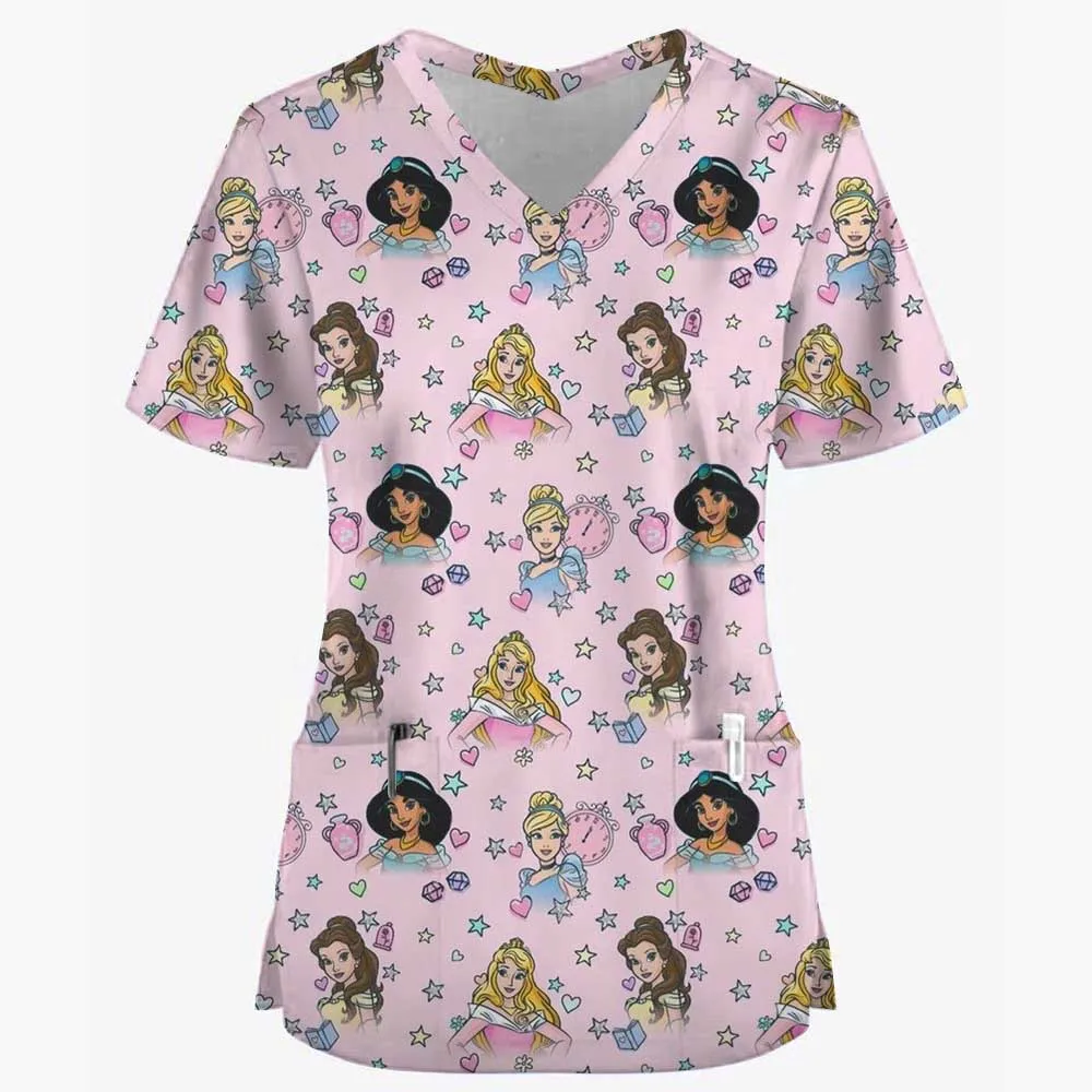 Disney Princess printed workwear pocket pet beauty nurse uniform women's short sleeved Spa V-neck frosted top medical care