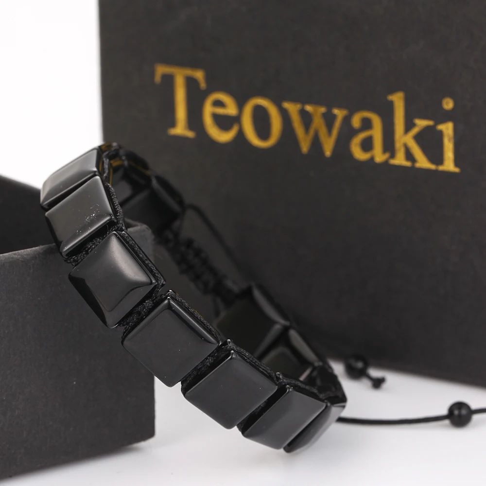 Teowaki Natural Black Agate Grooved Square Bead Hand Woven Bangle Delicate Black Cord Fashion Jewelry For Men And Women 15+6cm