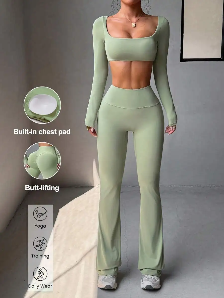 

Aoqta 2-Piece Activewear Set, Square Neck Crop Top, High Waist Yoga Pants, Summer Casual Outfit for Yoga Workout