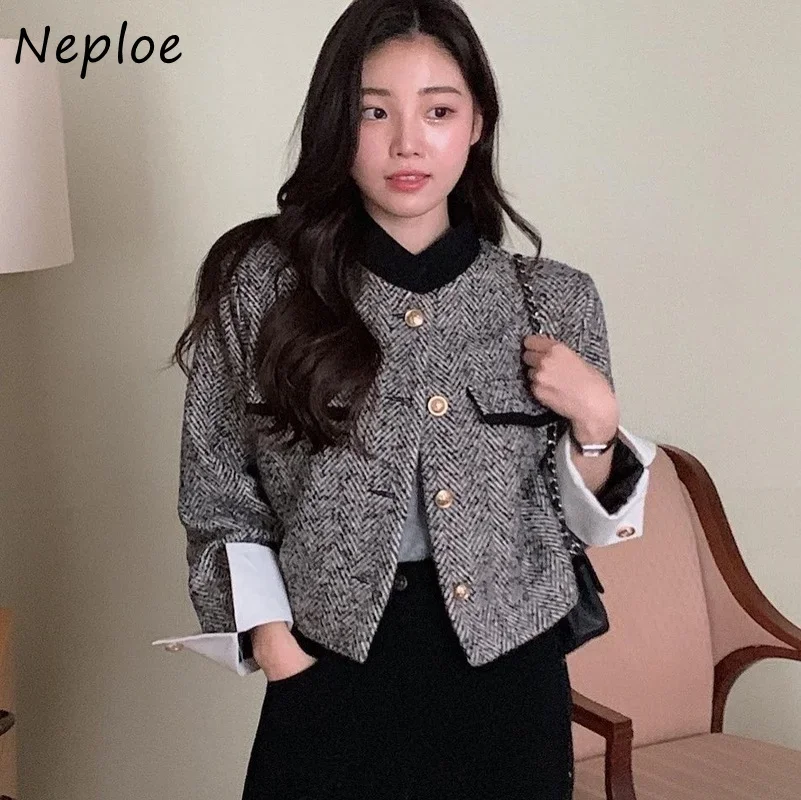 Neploe Plaid Fragrance Style Short Padded Jacket Autumn Winter Single-Breasted Coats Femme Round Neck Elegant French Clothing