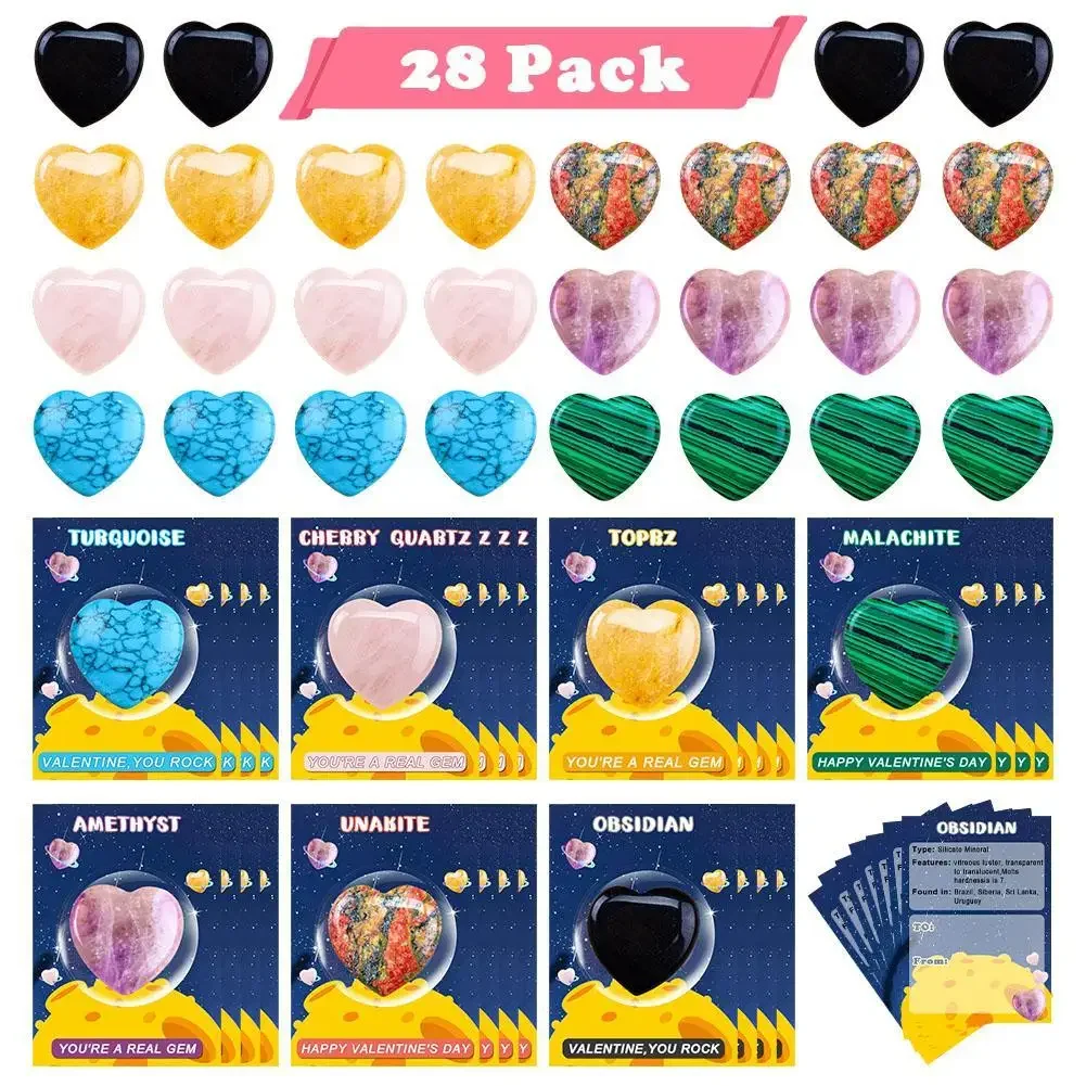 28 Pack Valentines Crystals Card,Valentine Day Gifts Exchange Cards with Natural  Crystals Rocks for Girls Boys School Class