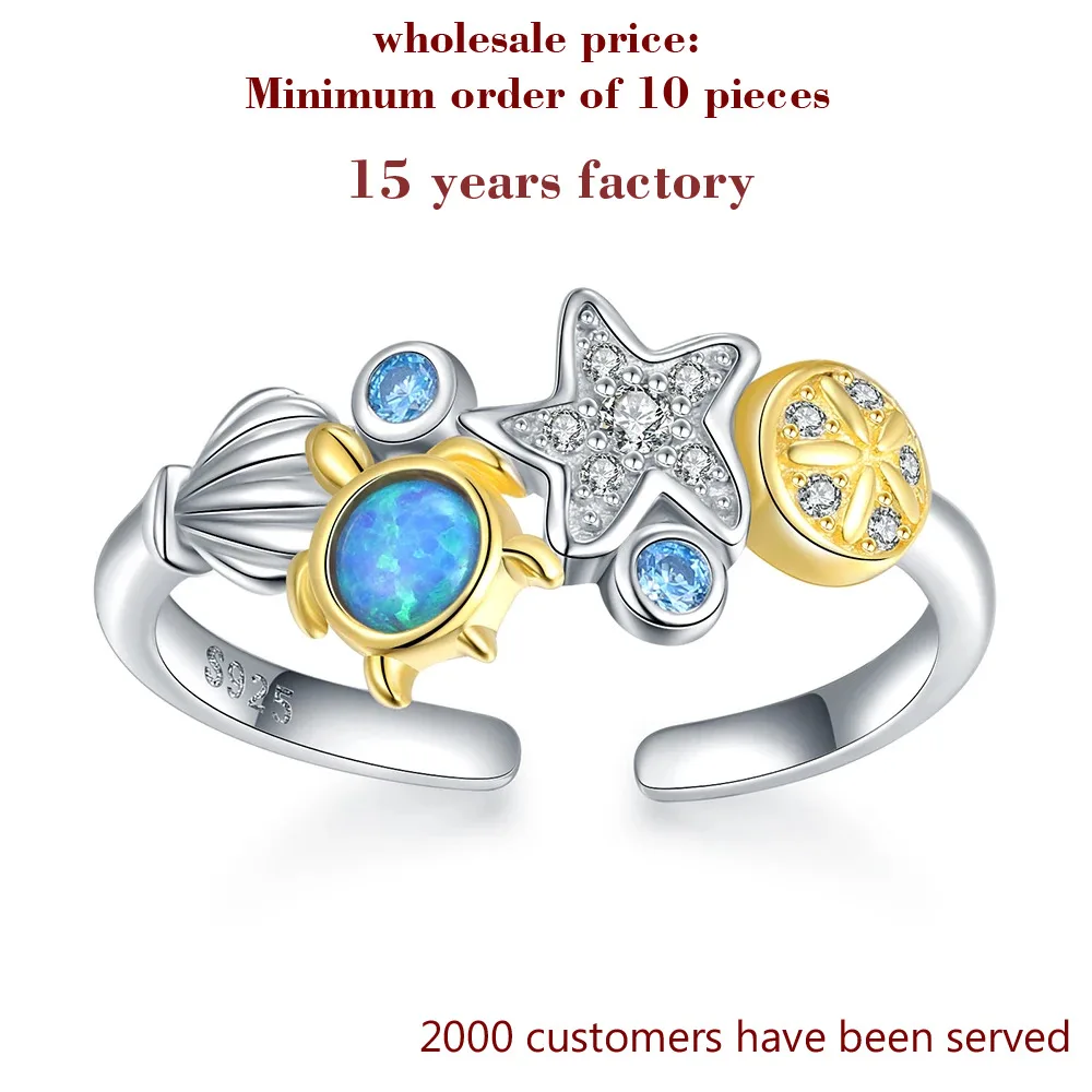 

925 Sterling Silver Opal Turtle Ocean Blue Sea Life Starfish Shell Star Rings Summer Beach Jewelry Birthday Gifts for Women Girl