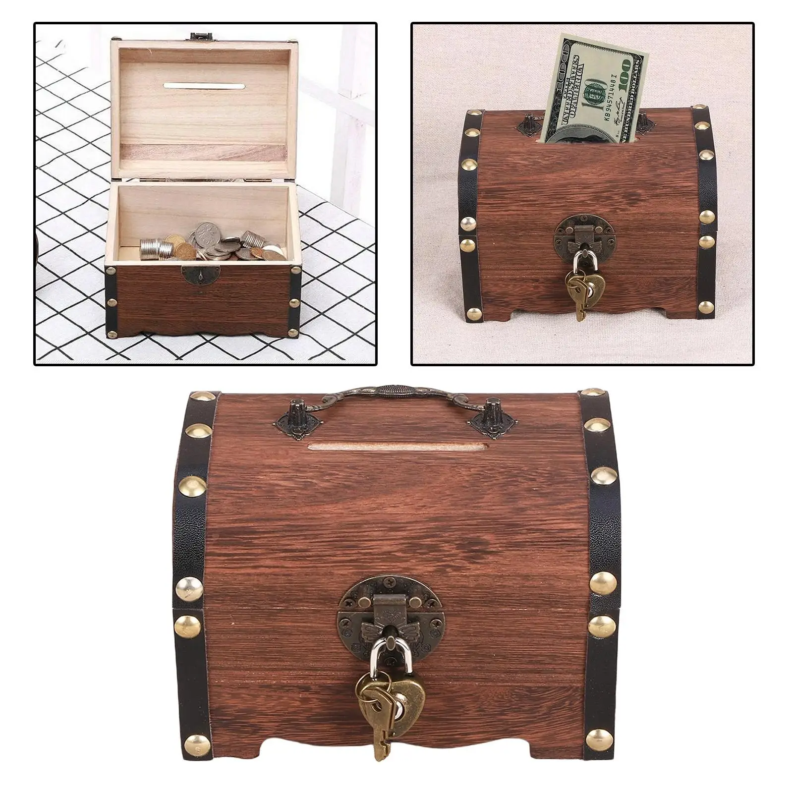 Wooden Treasure Chest Retro Money Storage Box Case Organizer