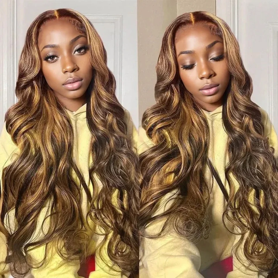 

Highlight Body Wave 13x4 13x6 HD Transparent Lace Front Human Hair Wigs Frontal 100%Natural Brazilian P4/27 Color Wigs