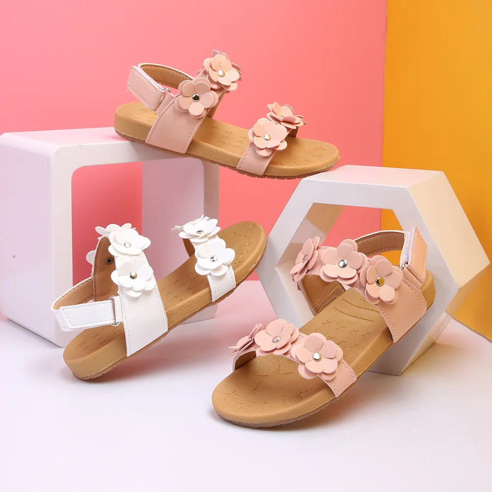 صنادل فتاة الصيف الأبيض 28 حجم داخل طول 17.6 سنتيمتر خفيفة الوزن بولي Cowhide زهرة ديكور المضادة للانزلاق وحيد مدرسة الشاطئ باردة #3