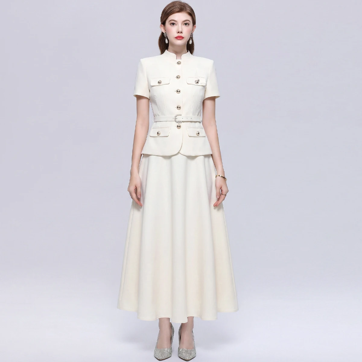 Women Tweed Two Piece Set Short Sleeve Jacket A-Line Skirt Belt Metal Button Elegant Office Lady Work Suit Vintage Outfit