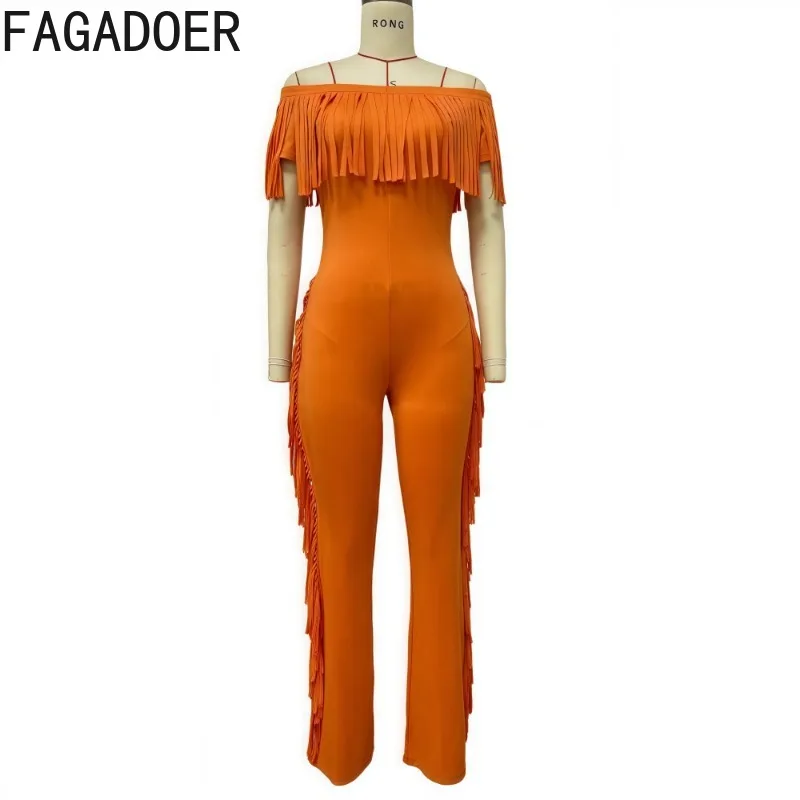 FAGADOER موضة شرابة المرقعة حللا امرأة برتقالية قصيرة الأكمام قبالة الكتف بسط السروال القصير الإناث كلوبوير وزرة جديد