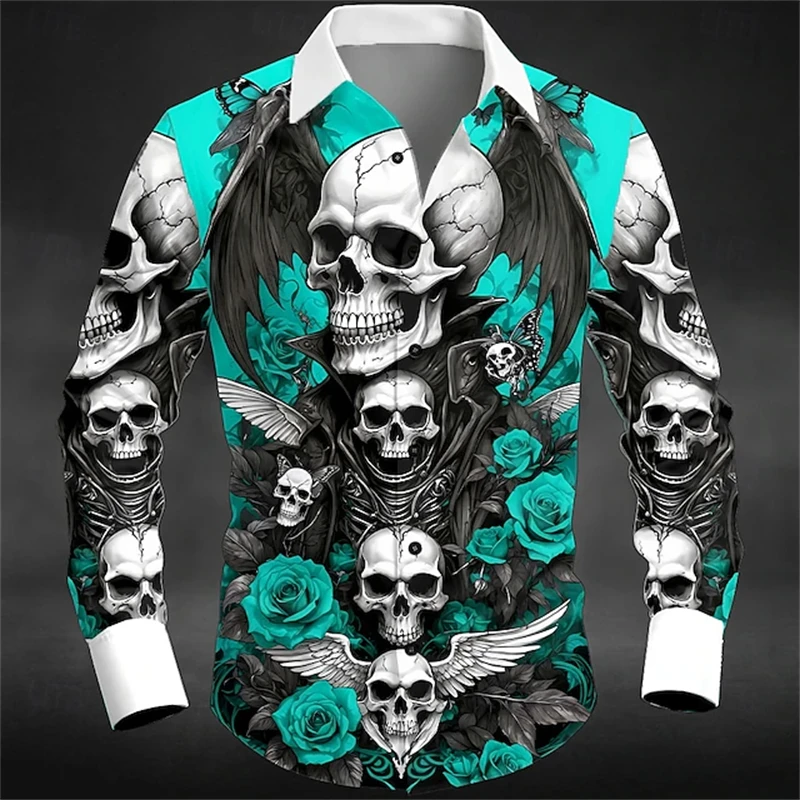 

Casual Party Shirt Comfortable Fabric Skull Print Pattern Halloween Daily Outdoor Sports Top Men's Lapel Long-sleeved Shirt